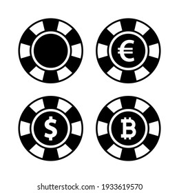 Poker chips vector set. Dollar, euro, bitcoin symbol. Casino chips. Chip vector icon isolated on white background. Vector icon for web application or UI. 