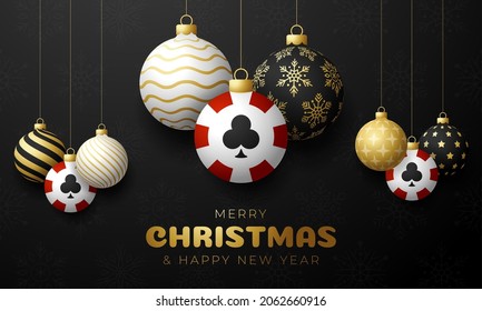 poker Christmas card. Merry Christmas sport greeting card. Hang on a thread poker chip as a xmas ball and golden bauble on black background. Sport Vector illustration.