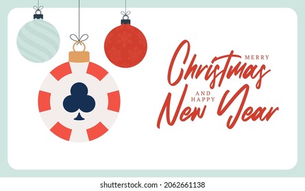 poker Christmas card. Merry Christmas sport greeting card. Hang on a thread poker chip as a xmas ball and golden bauble on black background. Sport Vector illustration.