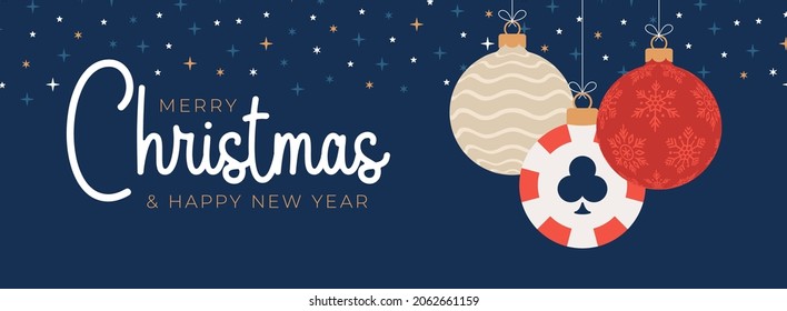 poker Christmas card. Merry Christmas sport greeting card. Hang on a thread poker chip as a xmas ball and golden bauble on black background. Sport Vector illustration.