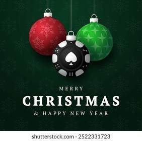 Poker Christmas Greeting card. Merry Christmas and happy new year casino greeting card. Hang on a thread green and red xmas ball bauble on green on background. Sport Vector illustration.