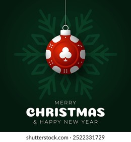 Poker Christmas Greeting card. Merry Christmas and happy new year casino greeting card. Hang on a thread green and red xmas ball bauble on green on background. Sport Vector illustration.