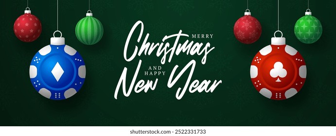 Poker Christmas Greeting card. Merry Christmas and happy new year casino greeting card. Hang on a thread green and red xmas ball bauble on green on background. Sport Vector illustration.