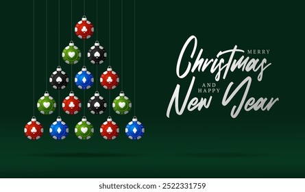 Poker Christmas Greeting card. Merry Christmas and happy new year casino greeting card. Hang on a thread green and red xmas ball bauble on green on background. Sport Vector illustration.