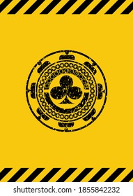 poker clover icon black grunge emblem inside yellow warning sign. Vector Illustration. Detailed. 