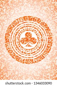 poker clover icon inside abstract emblem, orange mosaic background