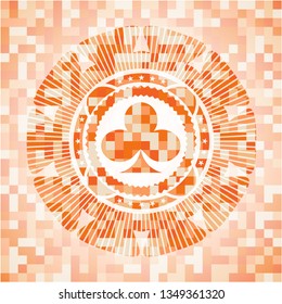 poker clover icon inside abstract emblem, orange mosaic background