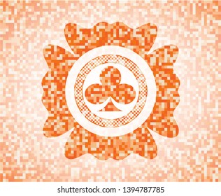 poker clover icon inside abstract emblem, orange mosaic background