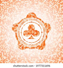 poker clover icon inside abstract emblem, orange mosaic background. 
