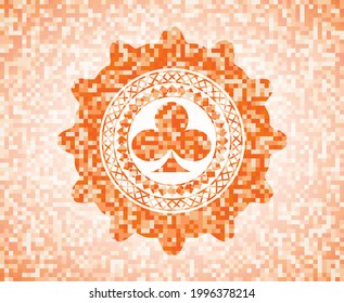 poker clover icon inside abstract orange mosaic emblem with background. 