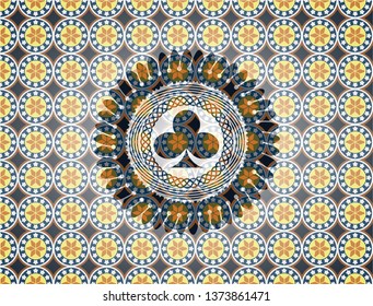 poker clover icon inside arabesque emblem background. arabic decoration.