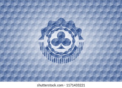 poker clover icon inside blue badge with geometric pattern background.