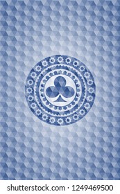 poker clover icon inside blue emblem with geometric pattern.