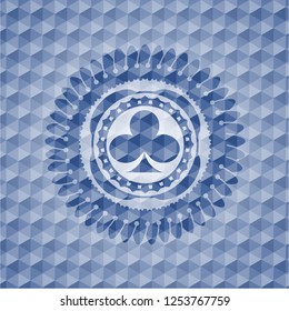 poker clover icon inside blue badge with geometric pattern.