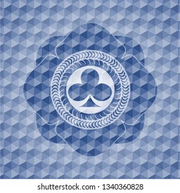 poker clover icon inside blue emblem with geometric background.
