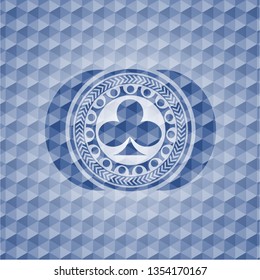 poker clover icon inside blue emblem or badge with abstract geometric pattern background.