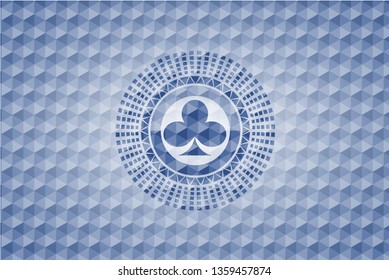 poker clover icon inside blue emblem with geometric pattern background.