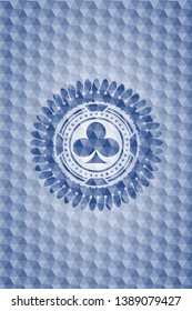 poker clover icon inside blue emblem or badge with abstract geometric pattern background.