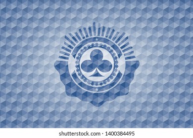 poker clover icon inside blue emblem or badge with abstract geometric polygonal pattern background.