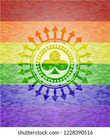 poker clover icon inside emblem on mosaic background with the colors of the LGBT flag