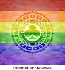 poker clover icon inside emblem on mosaic background with the colors of the LGBT flag