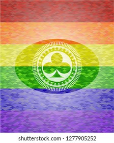 poker clover icon inside emblem on mosaic background with the colors of the LGBT flag