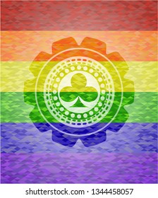 poker clover icon inside emblem on mosaic background with the colors of the LGBT flag