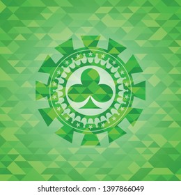 poker clover icon inside green emblem with mosaic ecological style background