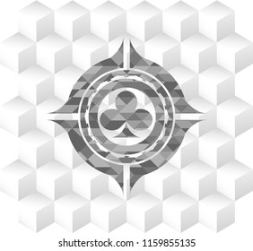 poker clover icon inside grey badge with geometric cube white background