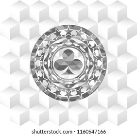poker clover icon inside grey emblem. Retro with geometric cube white background