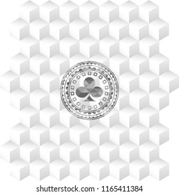 poker clover icon inside grey emblem. Retro with geometric cube white background