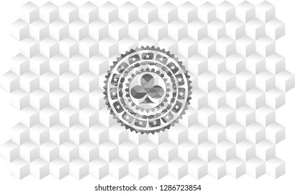 poker clover icon inside grey emblem with geometric cube white background