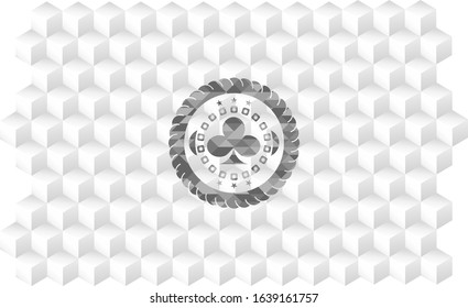 poker clover icon inside grey emblem. Vintage with geometric cube white background