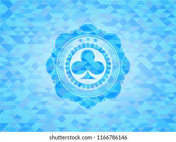 poker clover icon inside light blue emblem with mosaic ecological style background