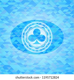 poker clover icon inside light blue emblem with mosaic ecological style background