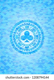 poker clover icon inside light blue emblem. Mosaic background