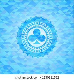 poker clover icon inside light blue emblem with triangle mosaic background