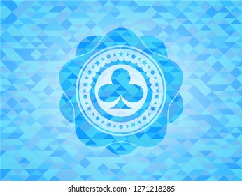 poker clover icon inside light blue emblem with mosaic background