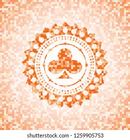 poker clover icon inside orange tile background illustration. Square geometric mosaic seamless pattern with emblem inside.