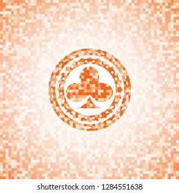 poker clover icon inside orange tile background illustration. Square geometric mosaic seamless pattern with emblem inside.
