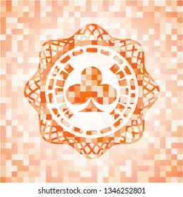 poker clover icon inside orange tile background illustration. Square geometric mosaic seamless pattern with emblem inside.