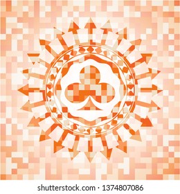 poker clover icon inside orange tile background illustration. Square geometric mosaic seamless pattern with emblem inside.