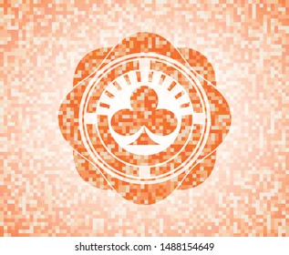 poker clover icon inside orange tile background illustration. Square geometric mosaic seamless pattern with emblem inside.