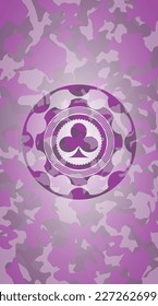 poker clover icon inside pink and purple camo texture. 