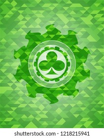 poker clover icon inside realistic green emblem. Mosaic background