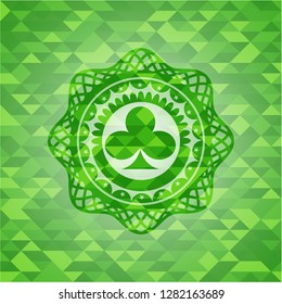poker clover icon inside realistic green emblem. Mosaic background