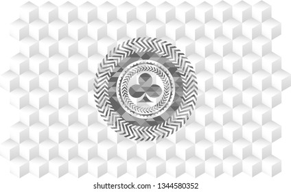poker clover icon inside realistic grey emblem with geometric cube white background