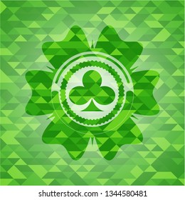 poker clover icon inside realistic green emblem. Mosaic background