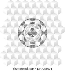 poker clover icon inside realistic grey emblem with geometric cube white background