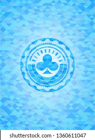 poker clover icon inside realistic light blue mosaic emblem